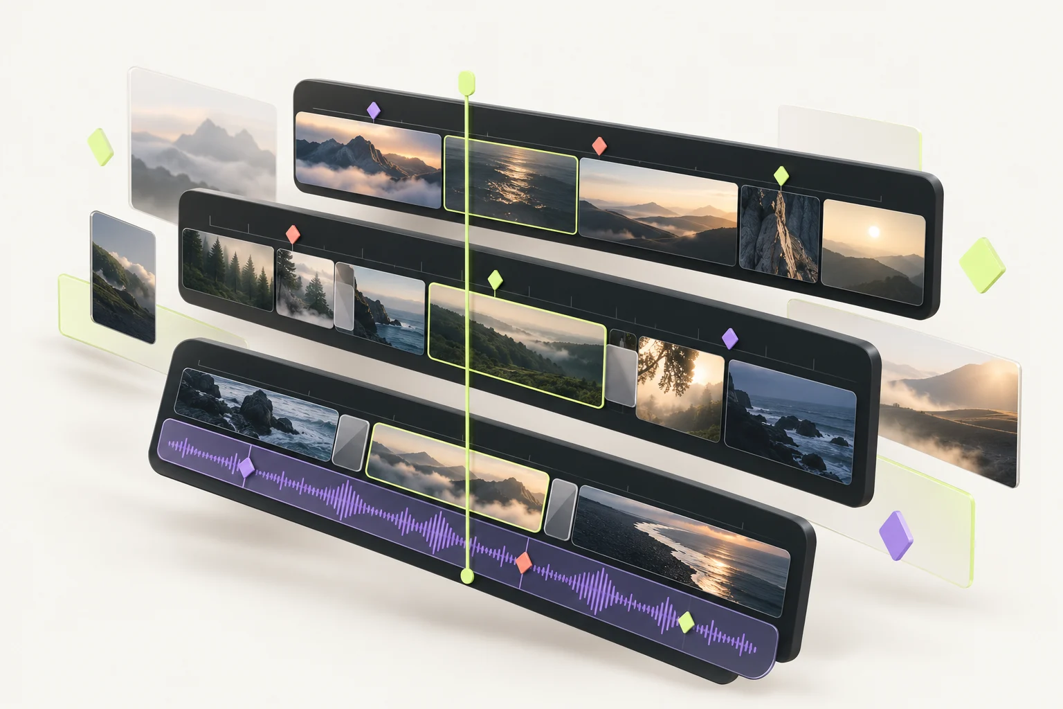 Concept artwork inspired by Embed: layered editing timelines, colored markers and an audio track.